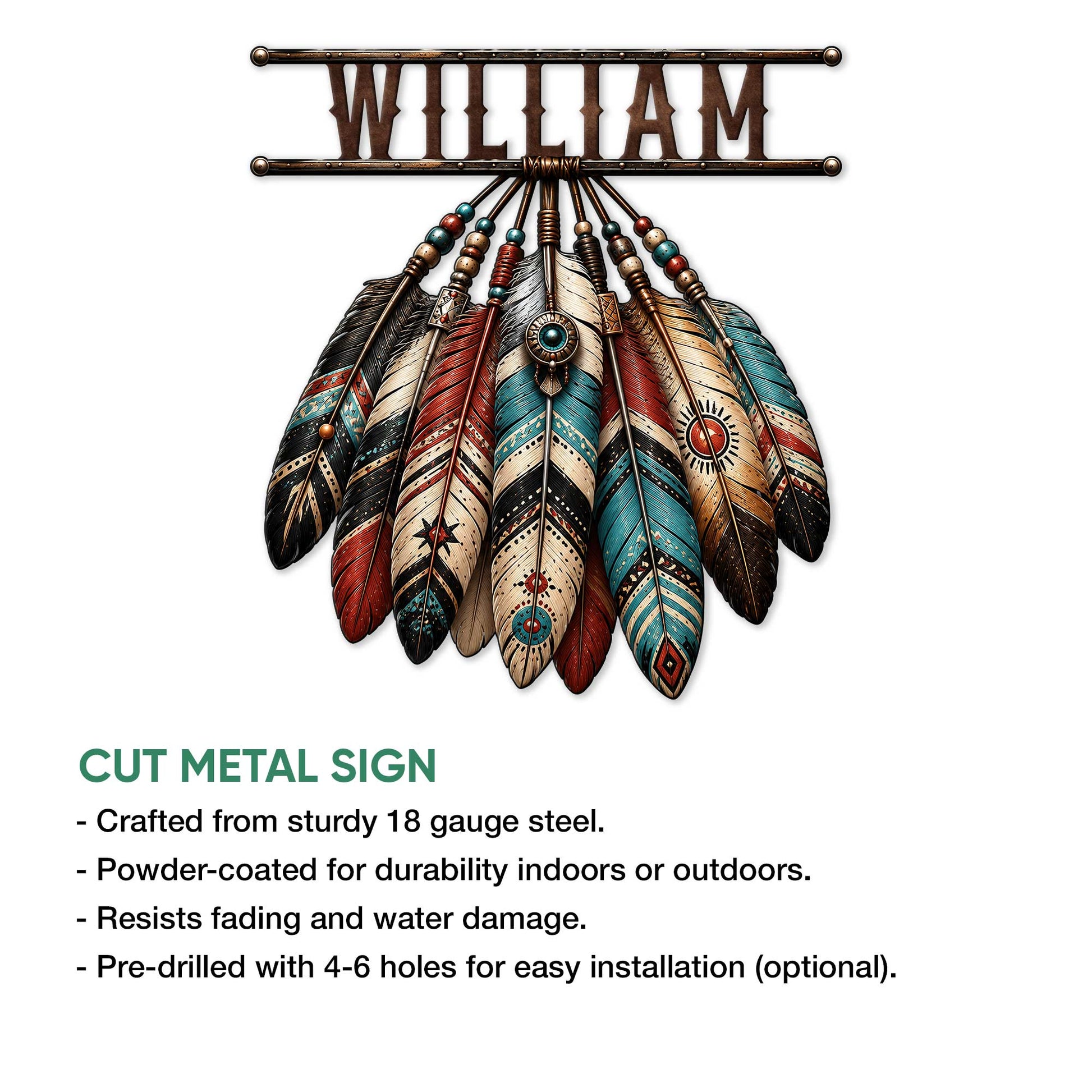 Cut metal sign featuring a Native American-inspired feather bundle with beaded details and decorative hanging rails