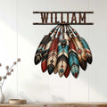 Native American-inspired feather wall sign displayed on a light paneled wall in a welcoming home interior