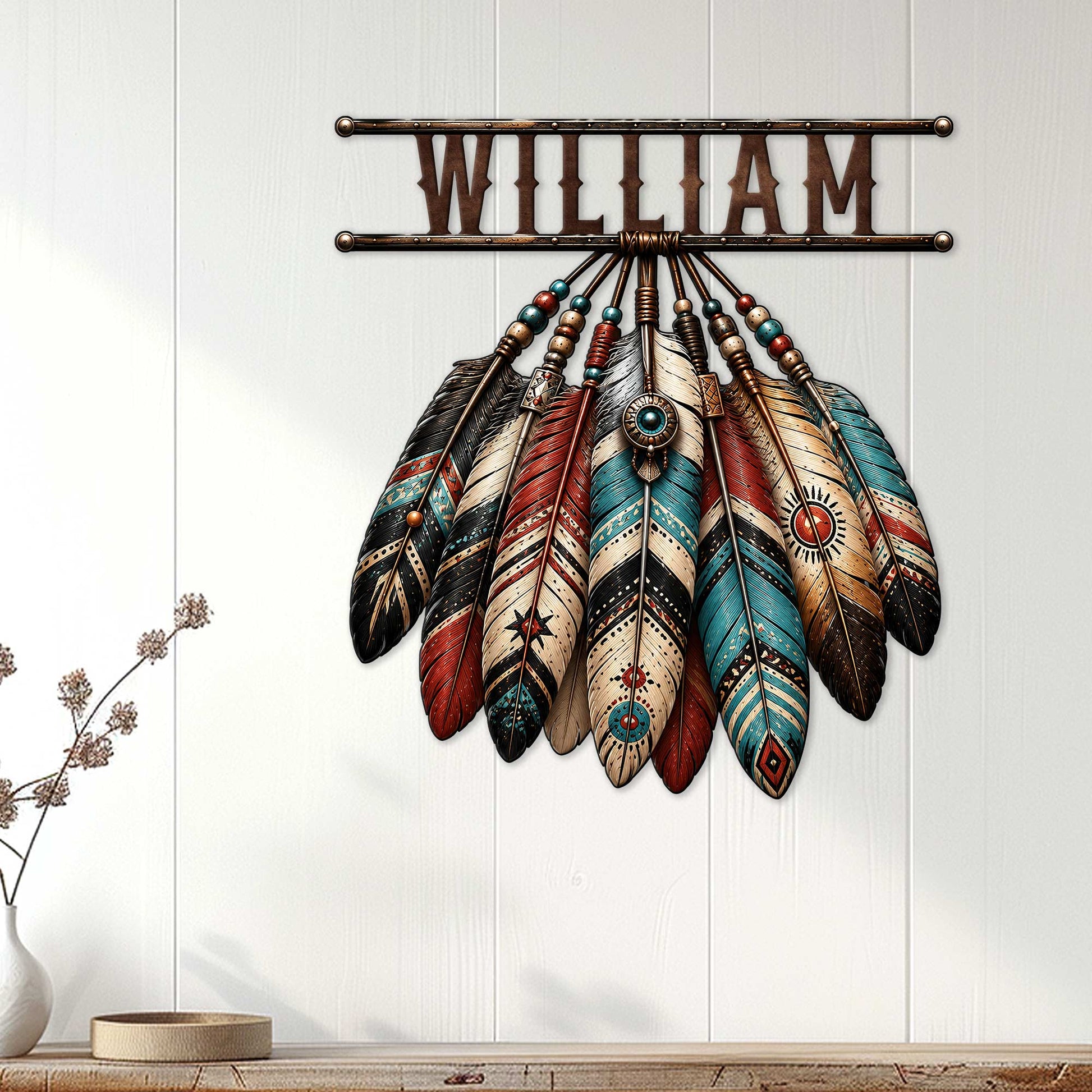 Native American-inspired feather wall sign displayed on a light paneled wall in a welcoming home interior