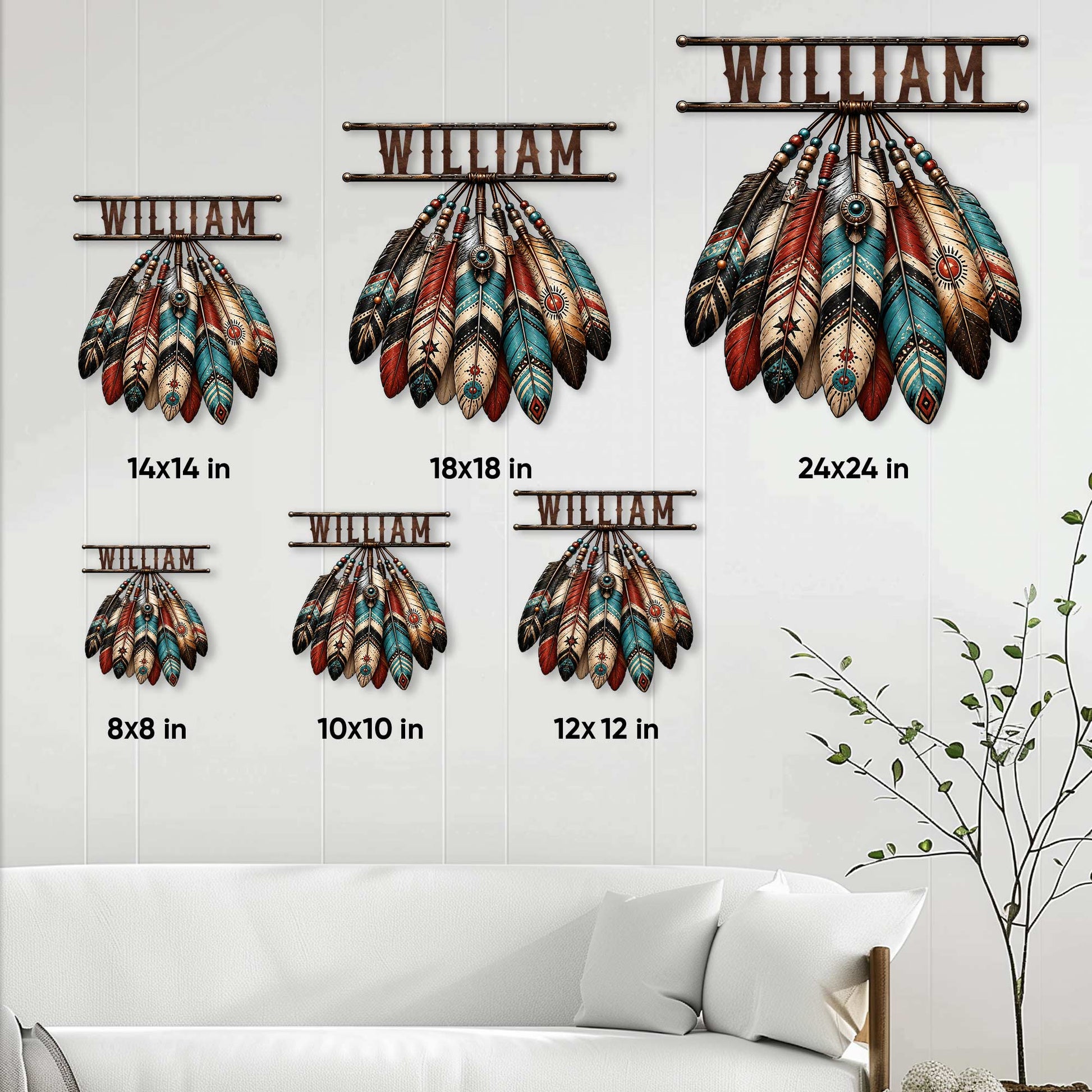 Native American feather metal sign shown in multiple size options from 8 by 8 to 24 by 24 inches