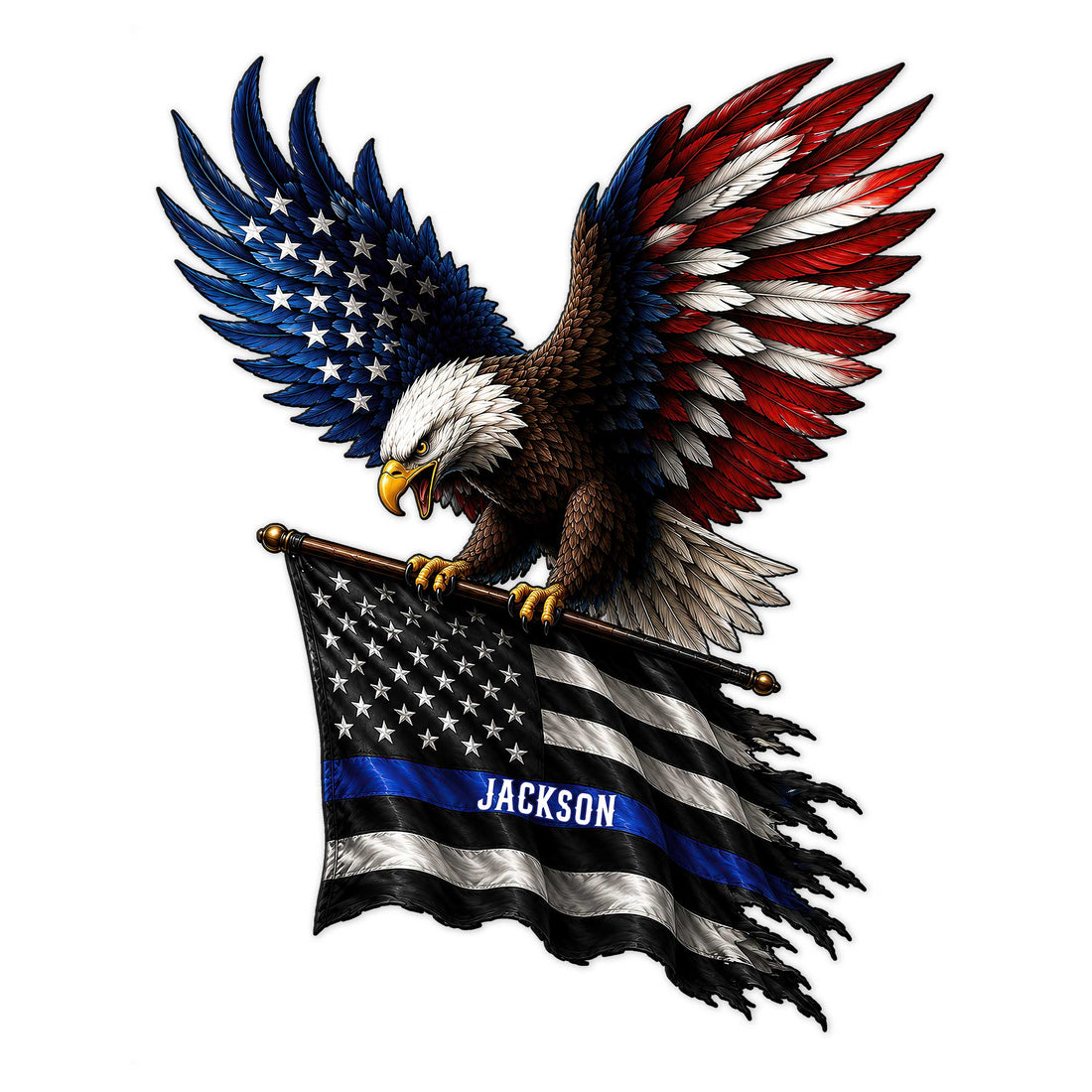Custom police metal sign featuring a powerful eagle holding a patriotic thin blue line flag