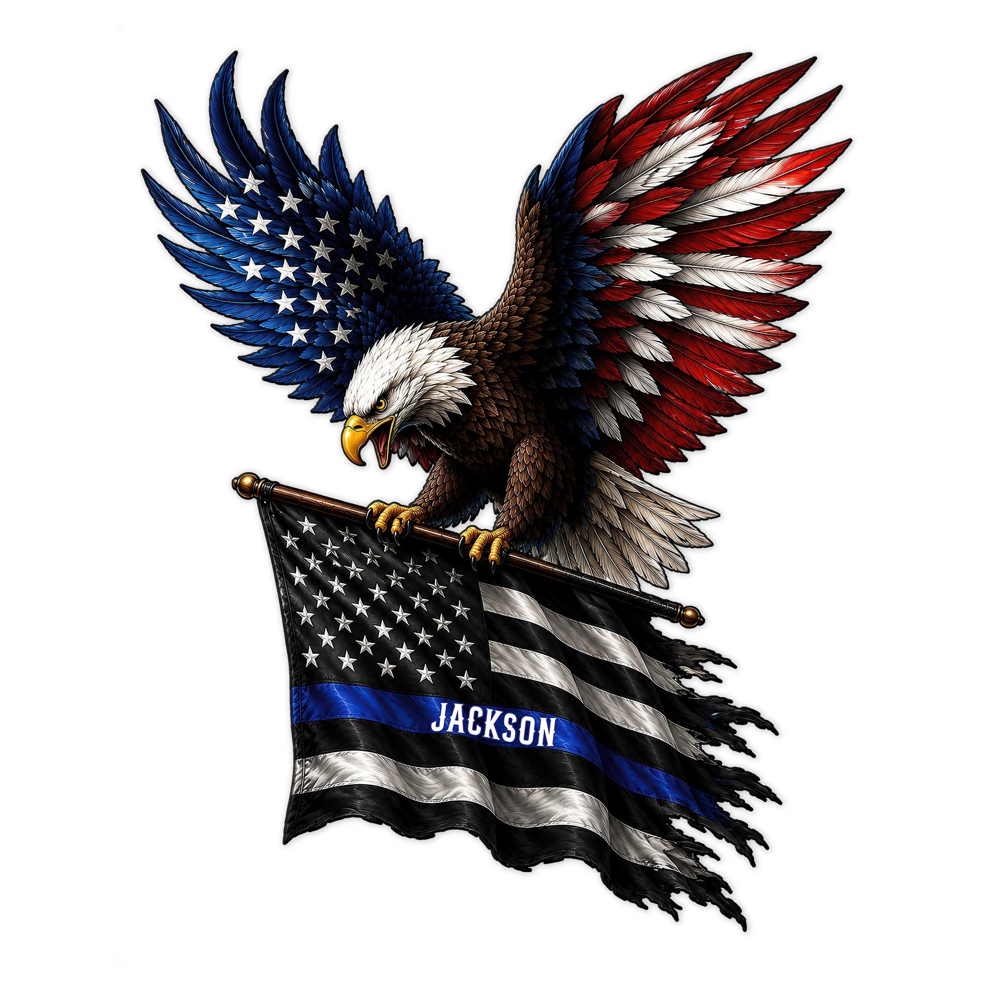 Custom police metal sign featuring a powerful eagle holding a patriotic thin blue line flag