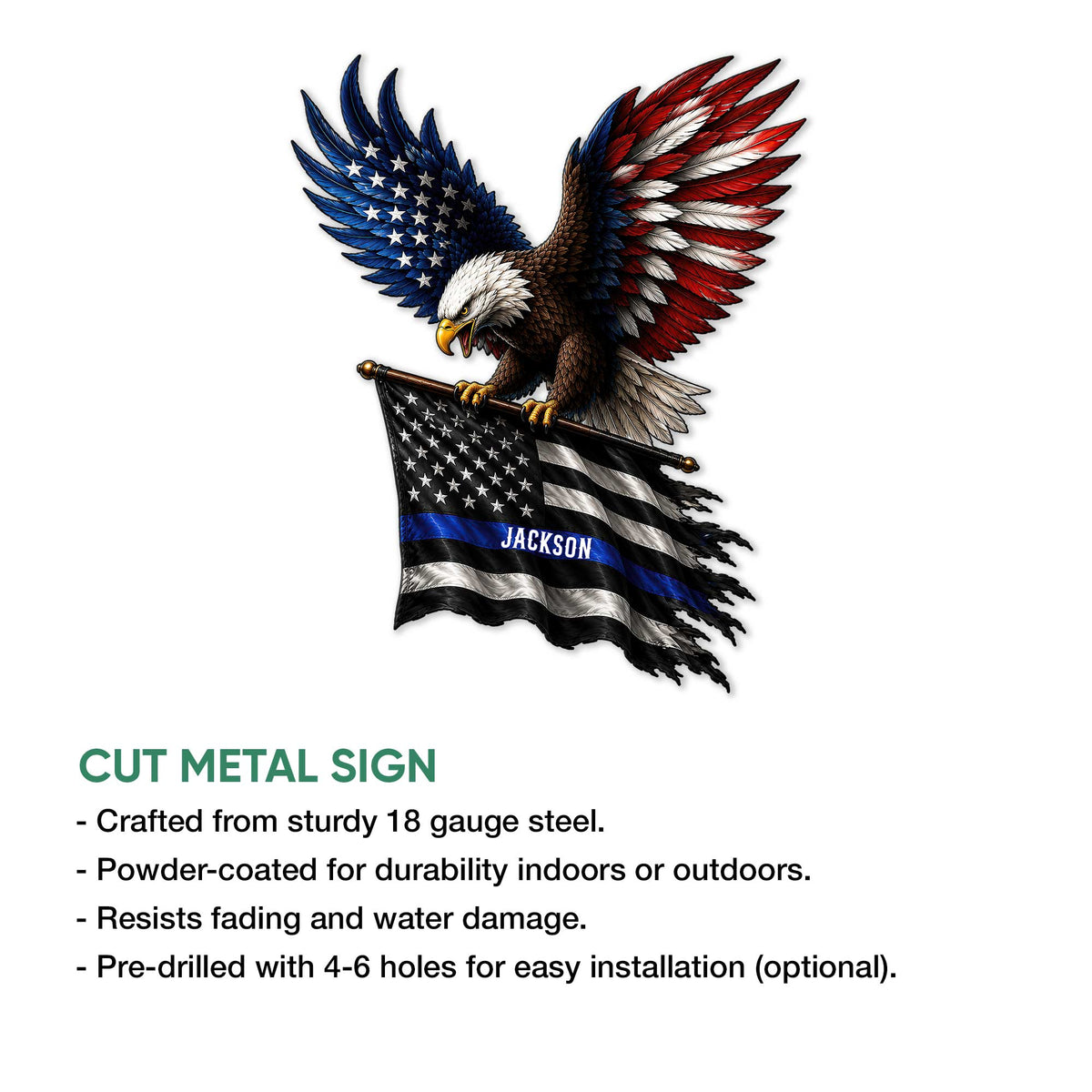 Police eagle metal sign feature graphic showing the patriotic artwork and cut metal sign presentation