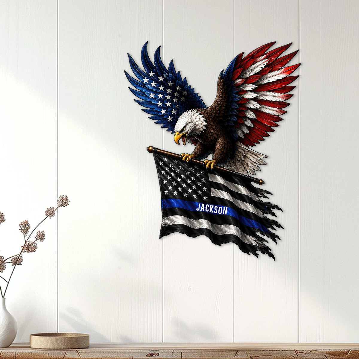 Patriotic police eagle wall sign displayed on a light wood-paneled wall in a home interior