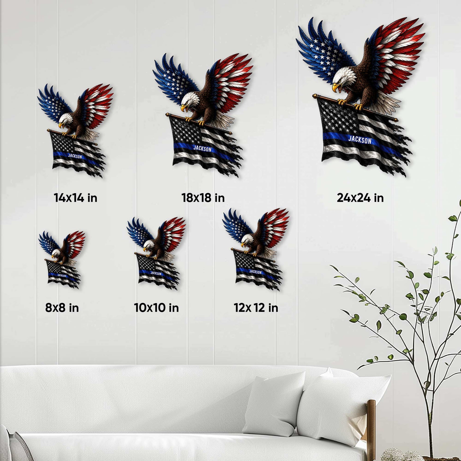 Police eagle metal sign size guide showing multiple available square size options