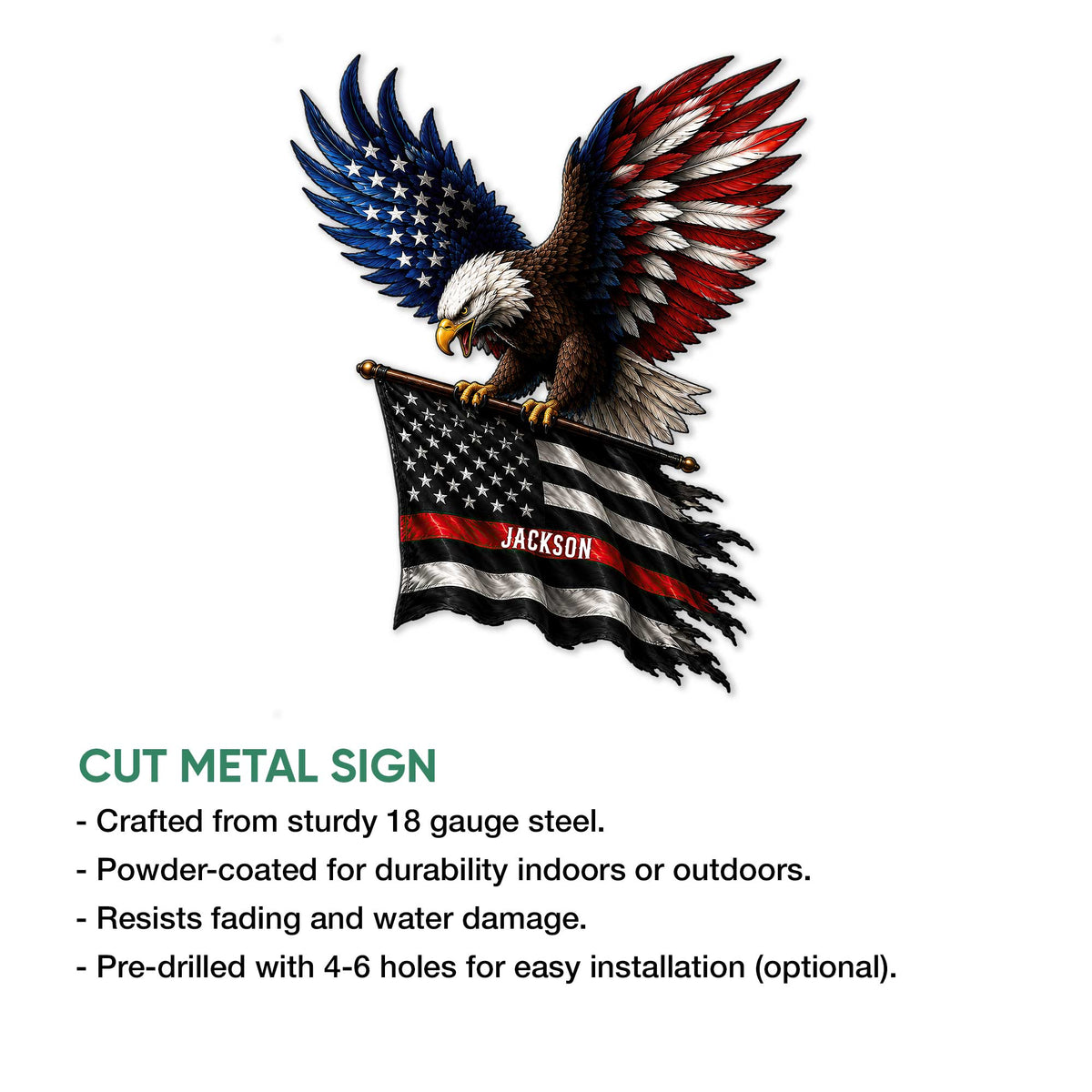 Firefighter metal sign product graphic showing the patriotic eagle and flag design with cut metal sign details