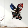 Patriotic firefighter wall sign displayed on a white wood-paneled wall above a console table