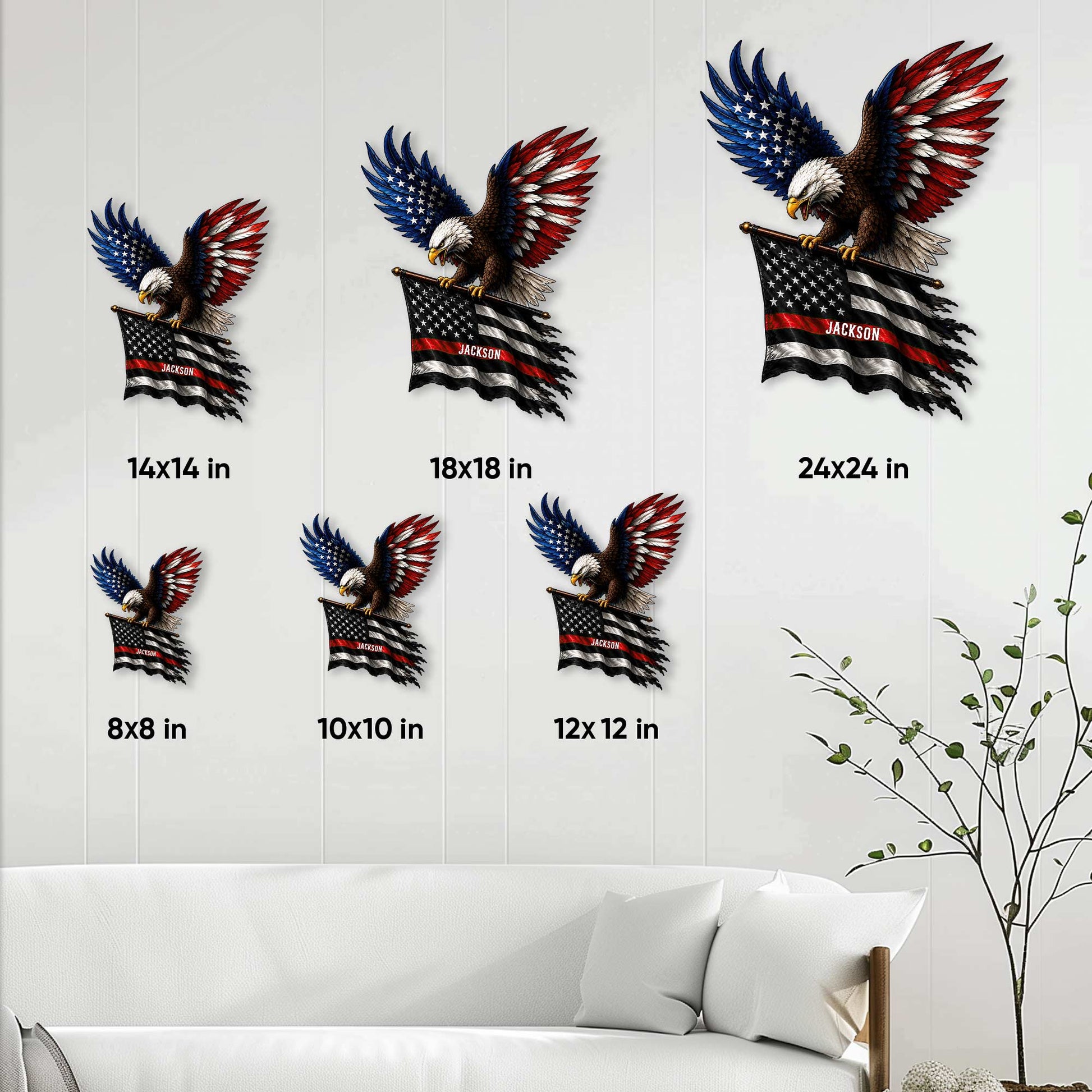 Firefighter eagle metal sign size guide showing available square sizes from 8x8 to 24x24 inches