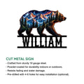 Bear metal sign with a vivid alpine mountain scene, evergreen trees, and a bold wildlife-inspired silhouette