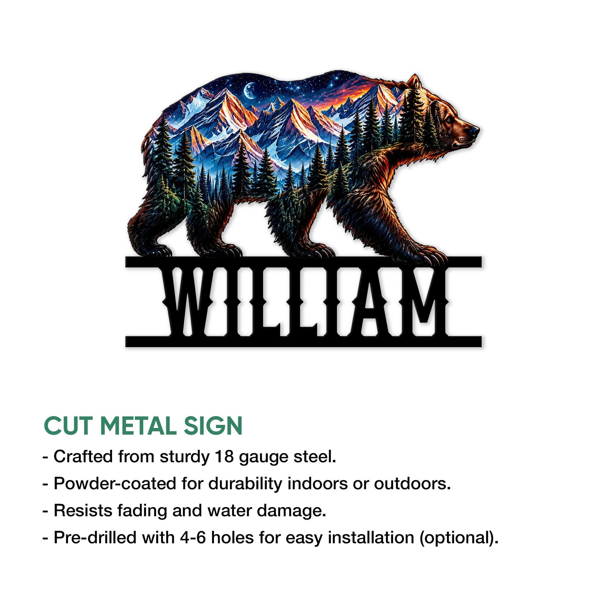 Bear metal sign with a vivid alpine mountain scene, evergreen trees, and a bold wildlife-inspired silhouette