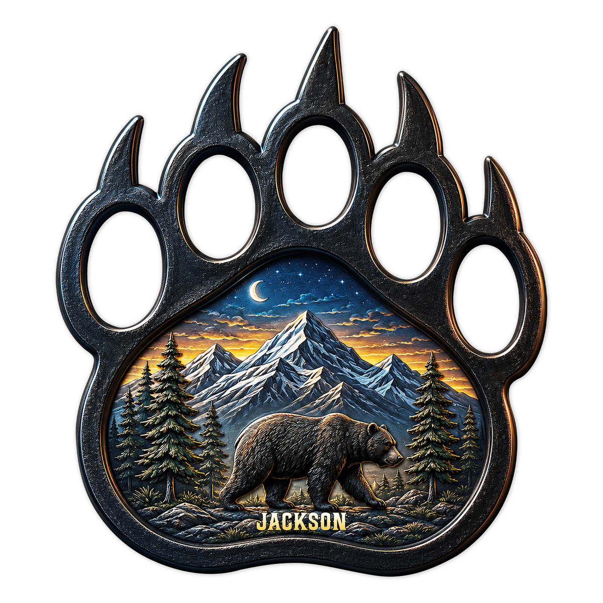 Bear paw-shaped metal sign featuring a walking bear, mountain landscape, pine trees, and moonlit sky
