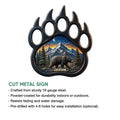Cut metal bear sign shown with a mountain wildlife design in a product feature infographic