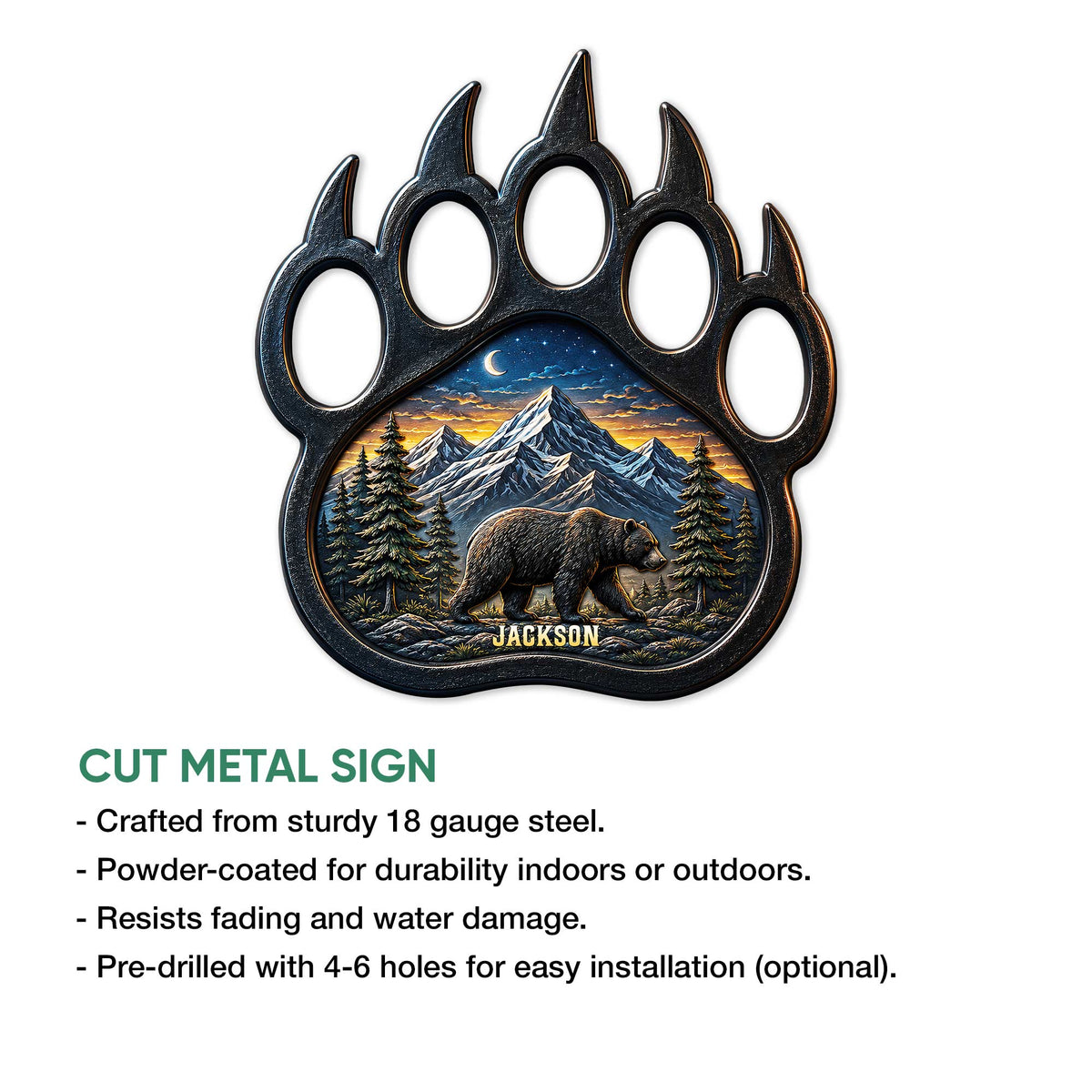 Cut metal bear sign shown with a mountain wildlife design in a product feature infographic