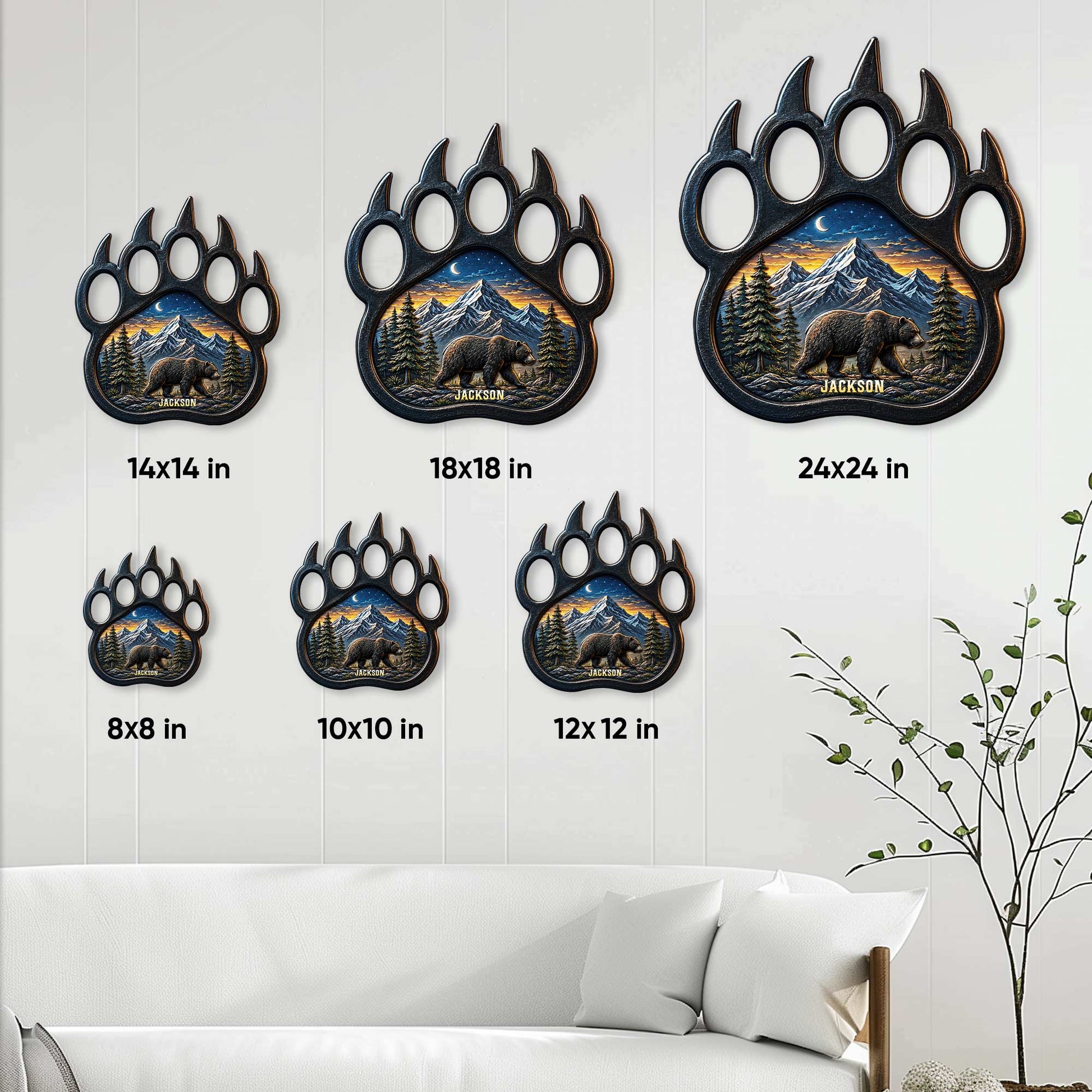Bear paw metal sign size guide showing six available sizes from 8 by 8 to 24 by 24 inches