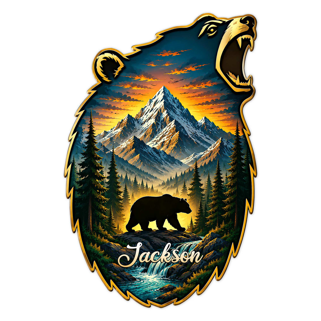 Bear-shaped metal sign featuring a mountain landscape, pine forest, waterfall, and walking bear silhouette