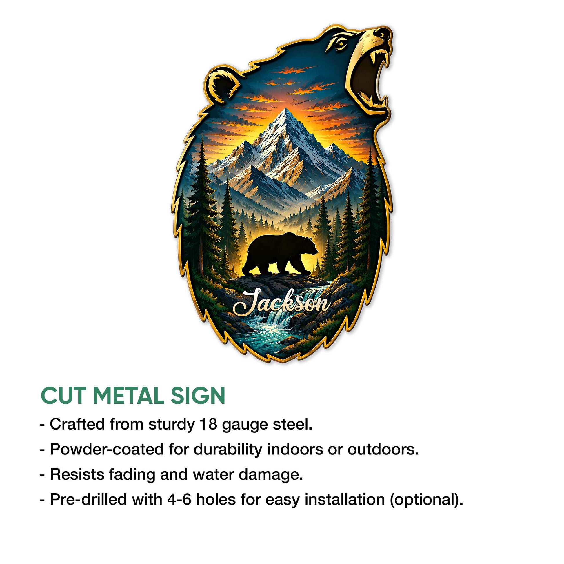 Bear metal sign feature guide showing the mountain wilderness artwork and cut-metal sign details
