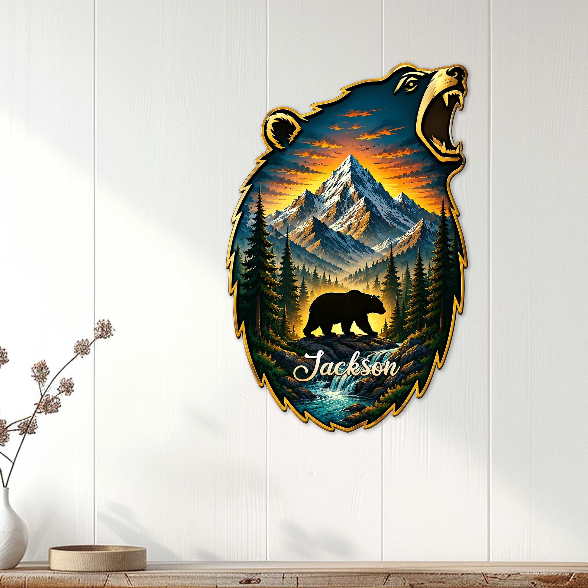 Bear mountain metal sign displayed as rustic wall decor on white wood paneling