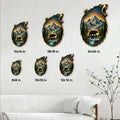 Bear-shaped wall sign size guide showing six available square size options in a room setting