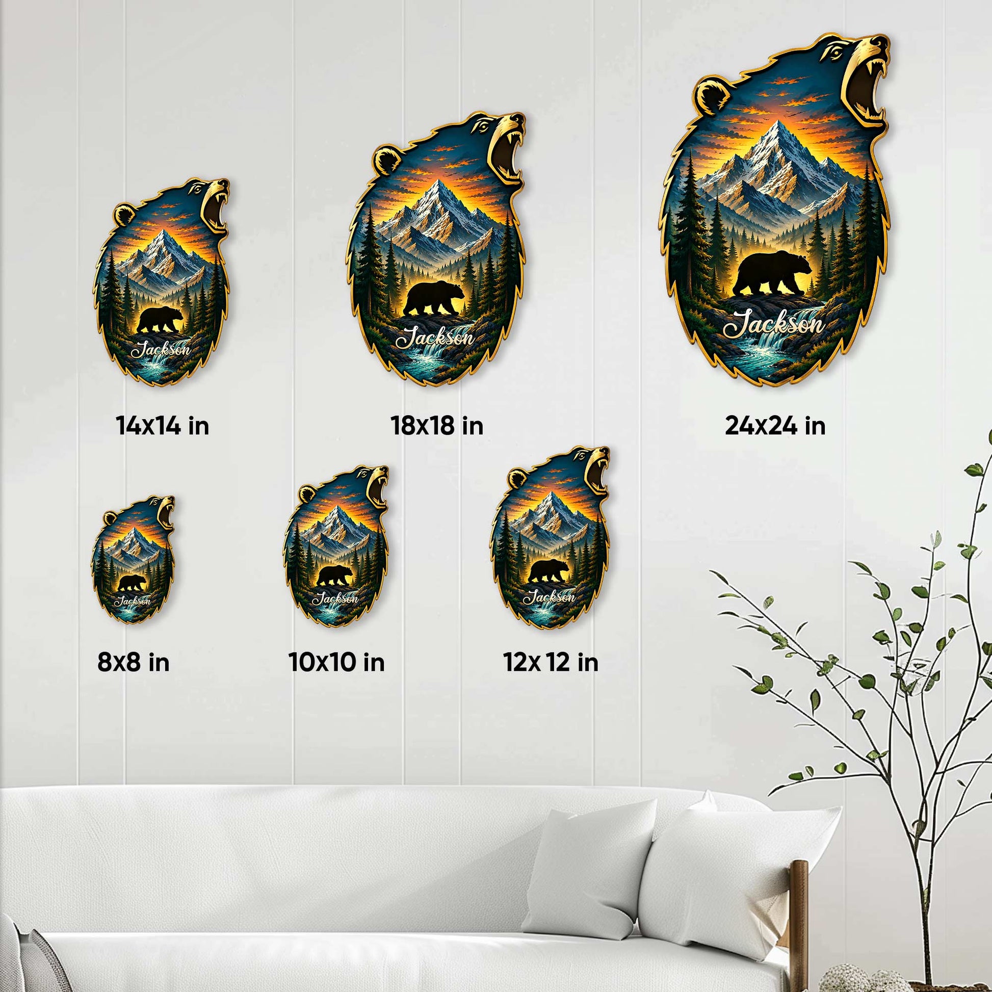 Bear-shaped wall sign size guide showing six available square size options in a room setting