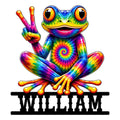 Colorful tie-dye frog metal sign making a peace sign for bright hippie wall decor