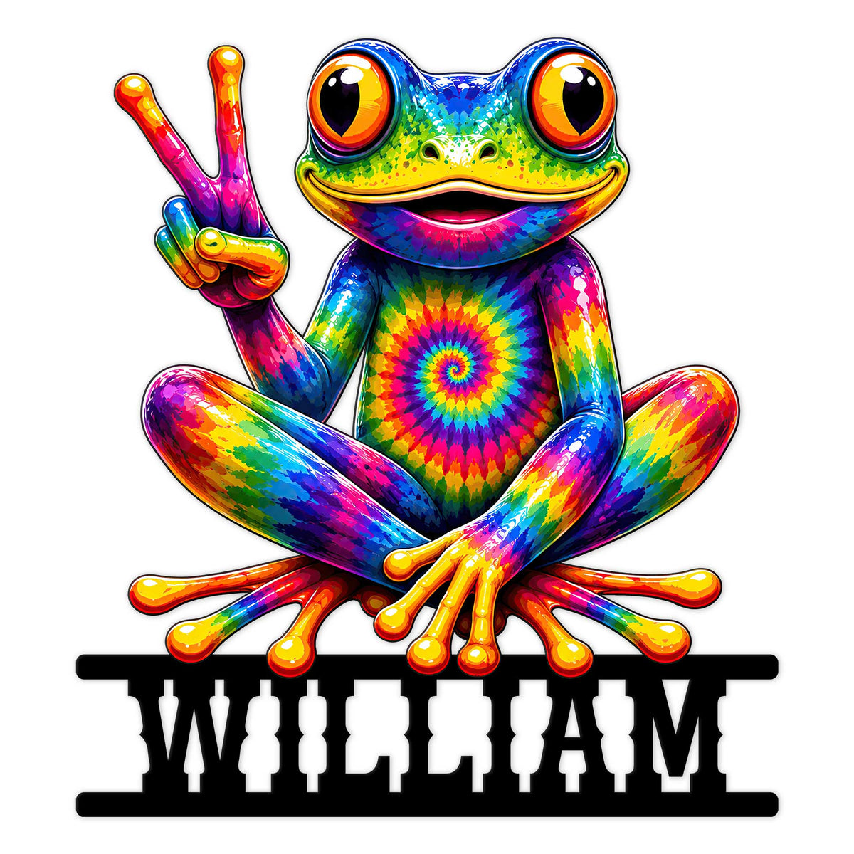 Colorful tie-dye frog metal sign making a peace sign for bright hippie wall decor
