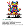 Vibrant tie-dye frog cut metal sign shown with product feature information