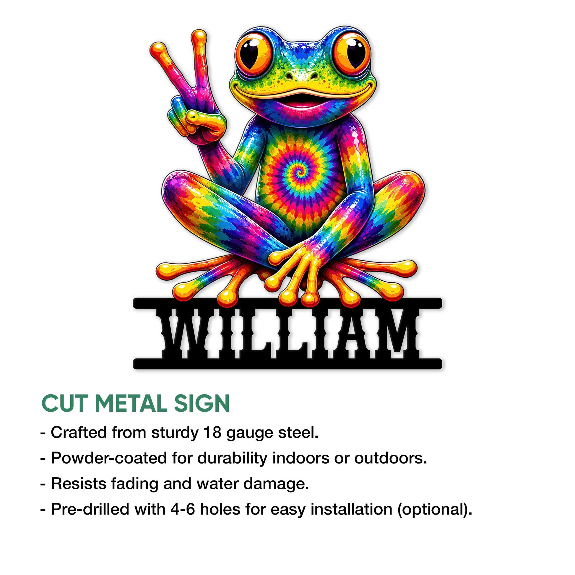 Vibrant tie-dye frog cut metal sign shown with product feature information