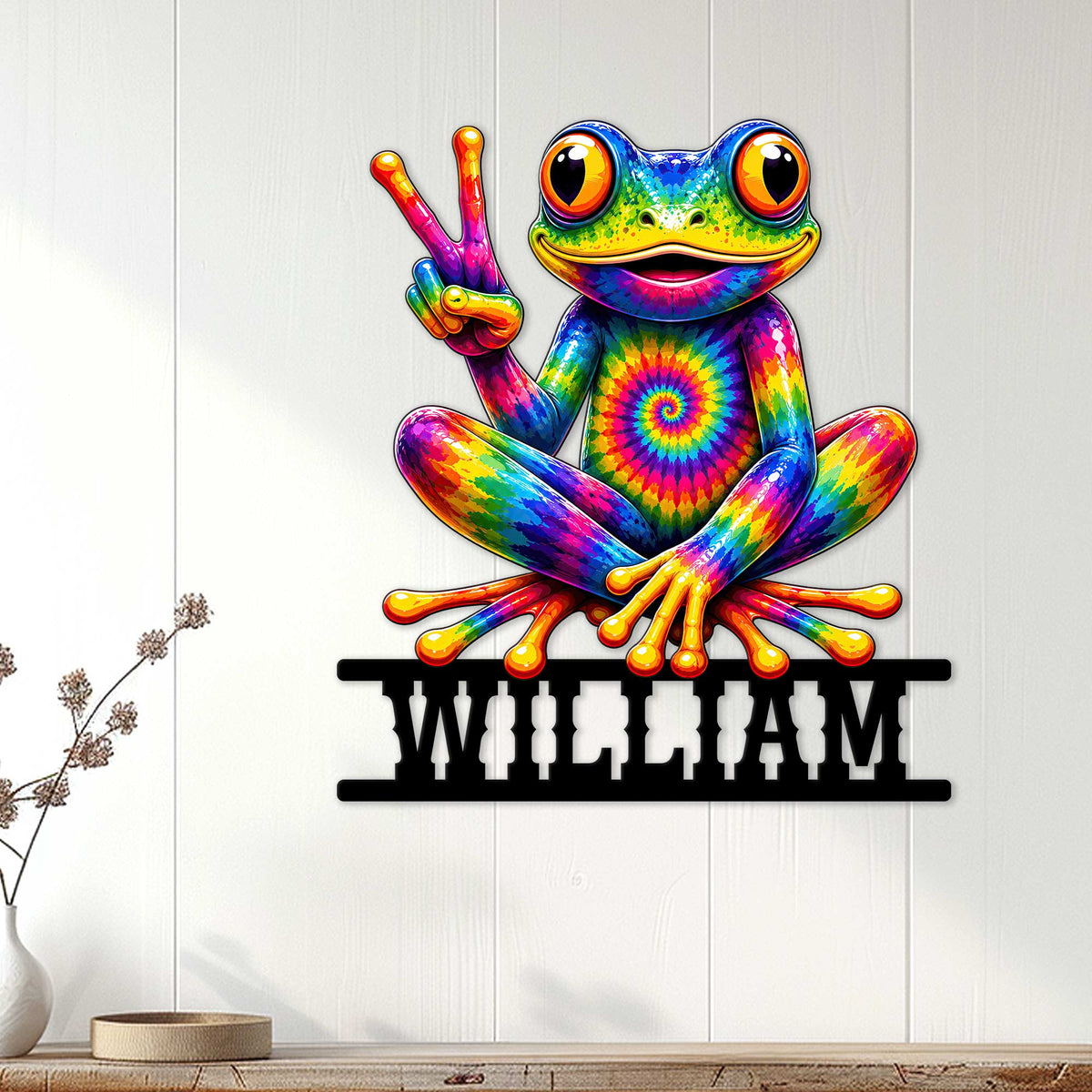 Colorful hippie frog metal sign displayed on a light paneled wall in a cozy room