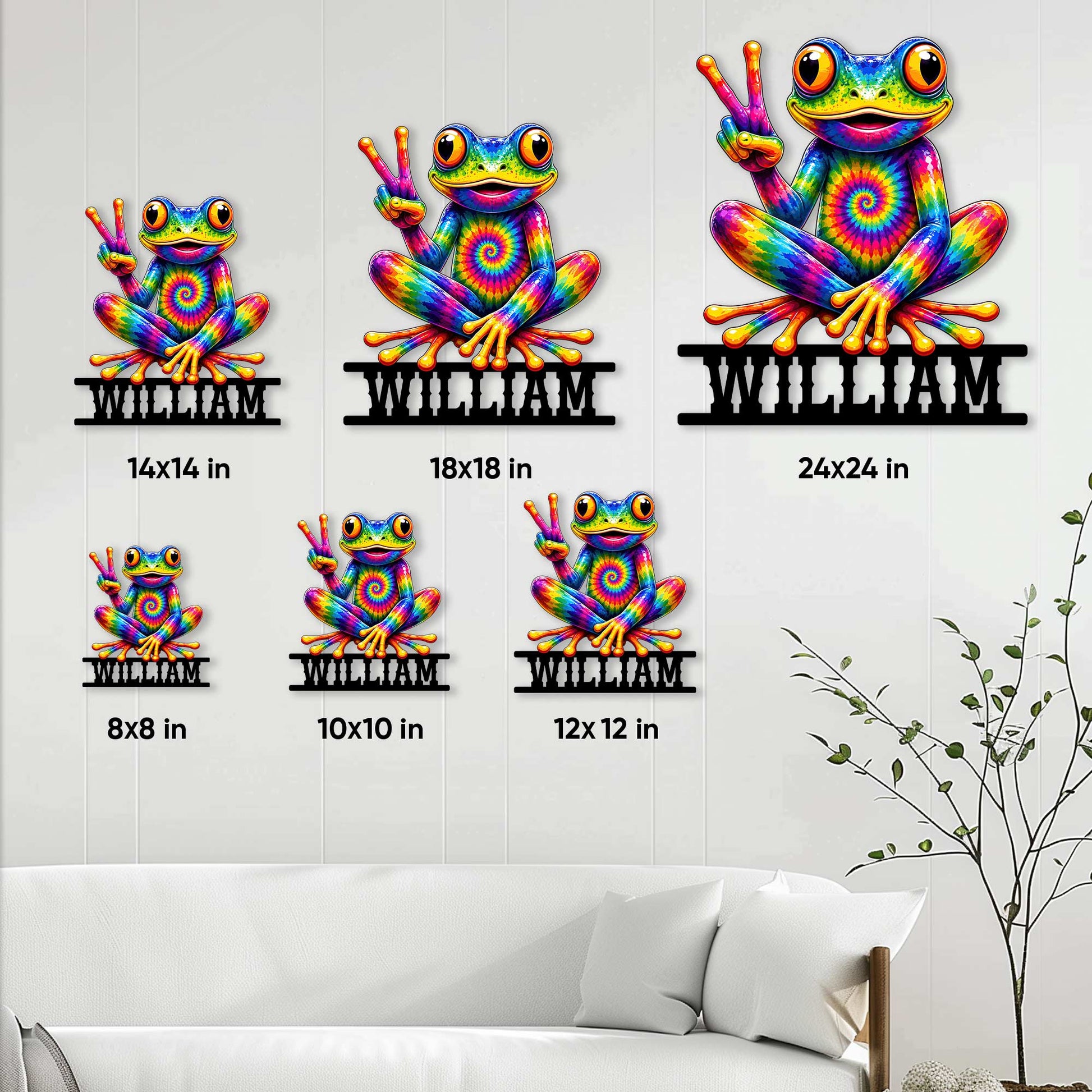 Frog metal sign size guide showing available square dimensions from 8 by 8 to 24 by 24 inches
