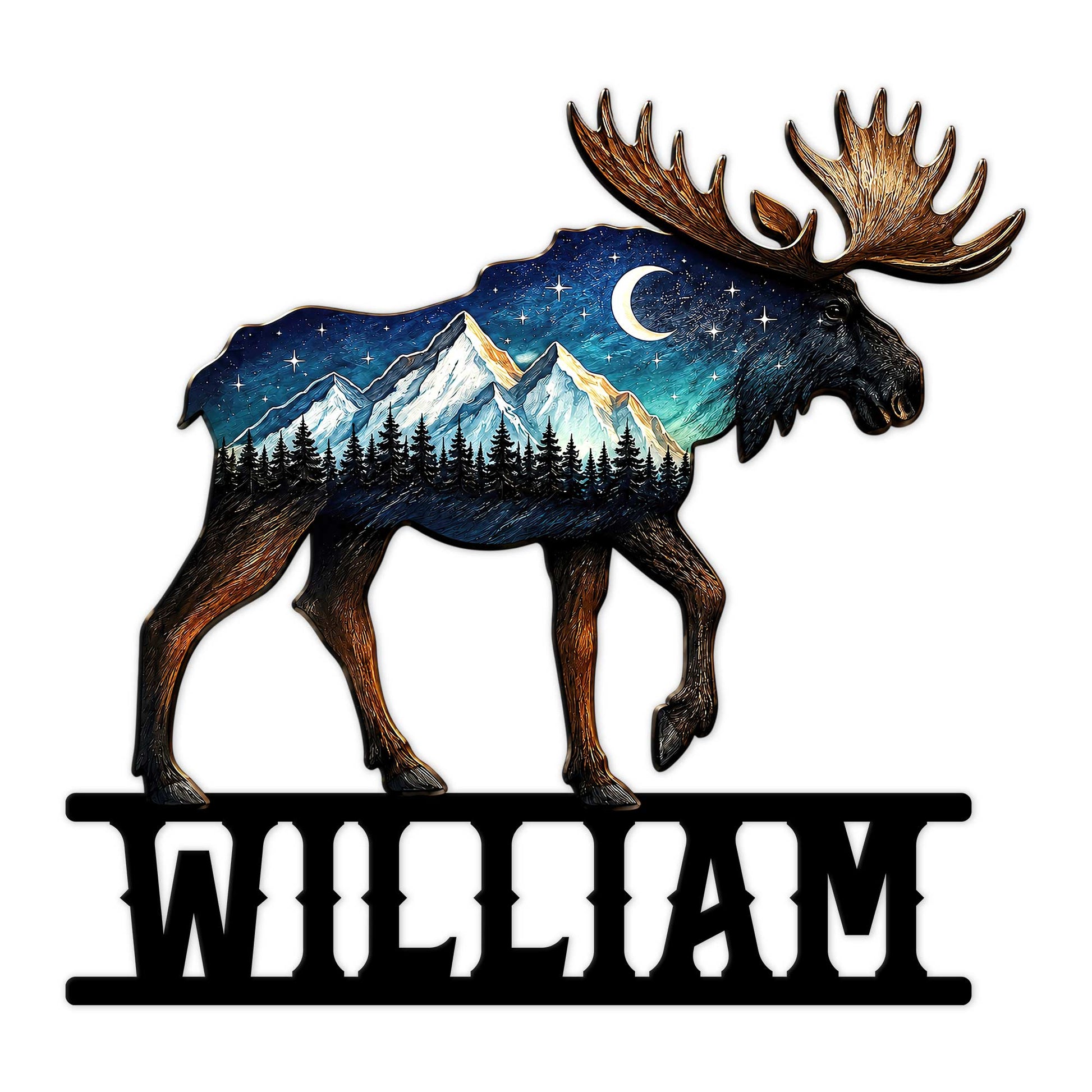 Moose-shaped metal sign featuring alpine mountains, evergreen forest, stars, and a crescent moon
