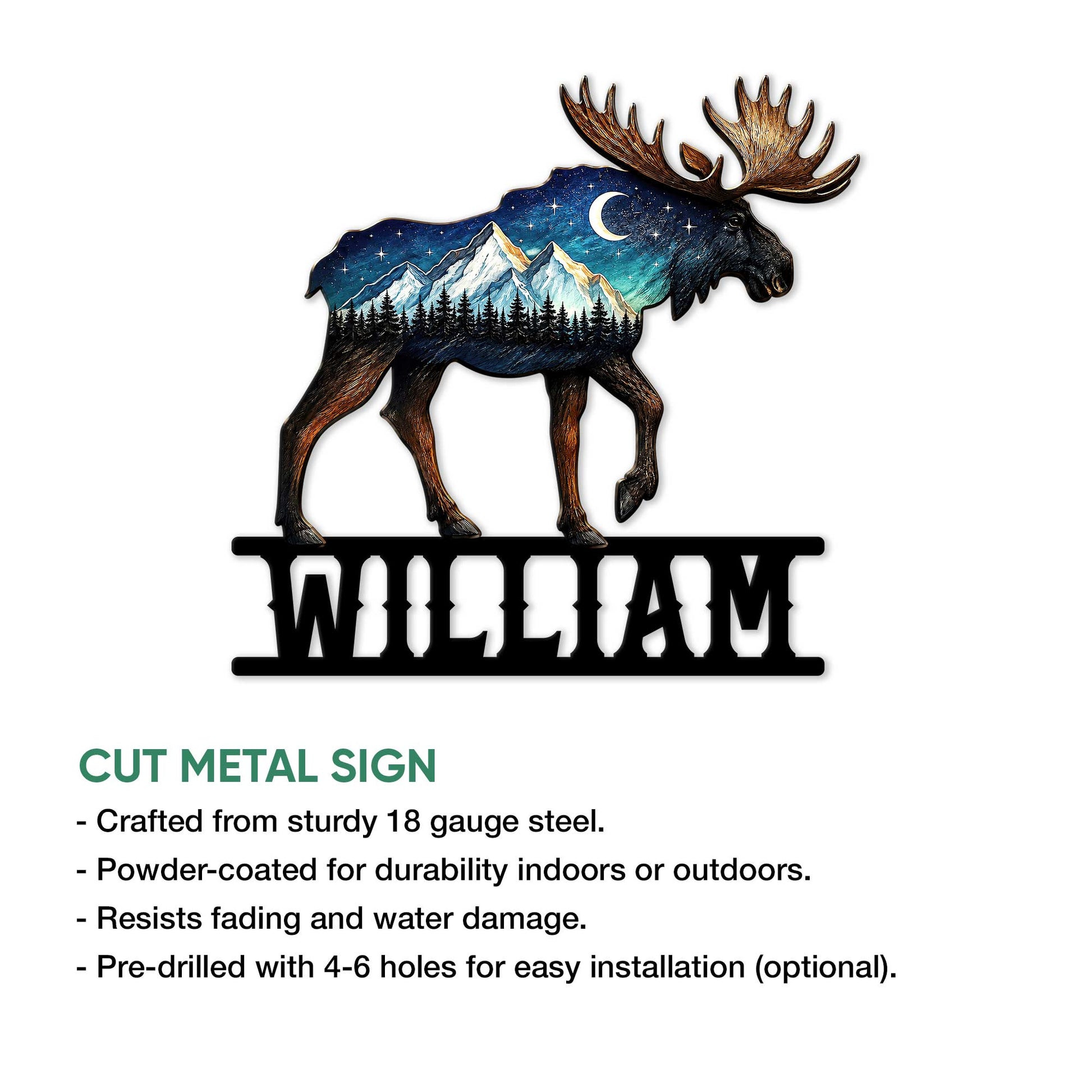 Moose metal sign product feature graphic showing the mountain wildlife design and cut metal construction