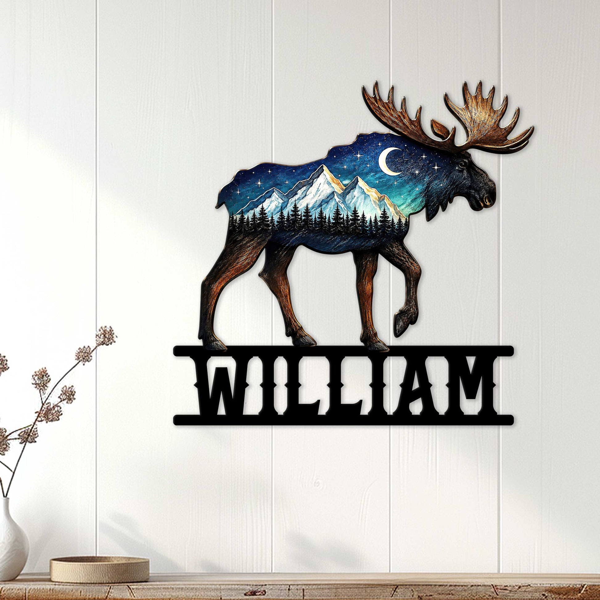 Moose wall sign displayed on a white paneled wall, bringing colorful mountain wildlife decor to a room