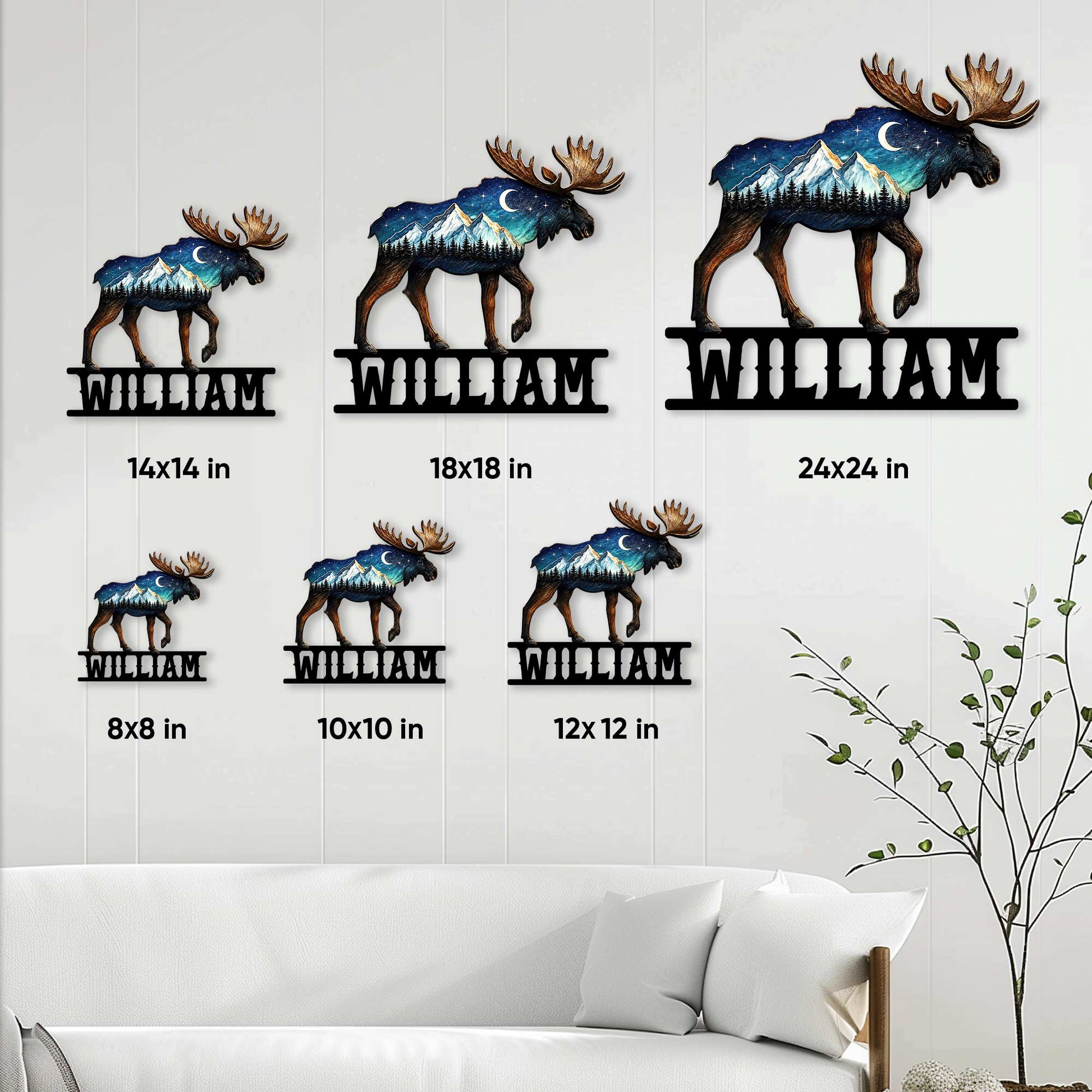 Moose metal sign size guide showing available square sizes from 8 by 8 to 24 by 24 inches