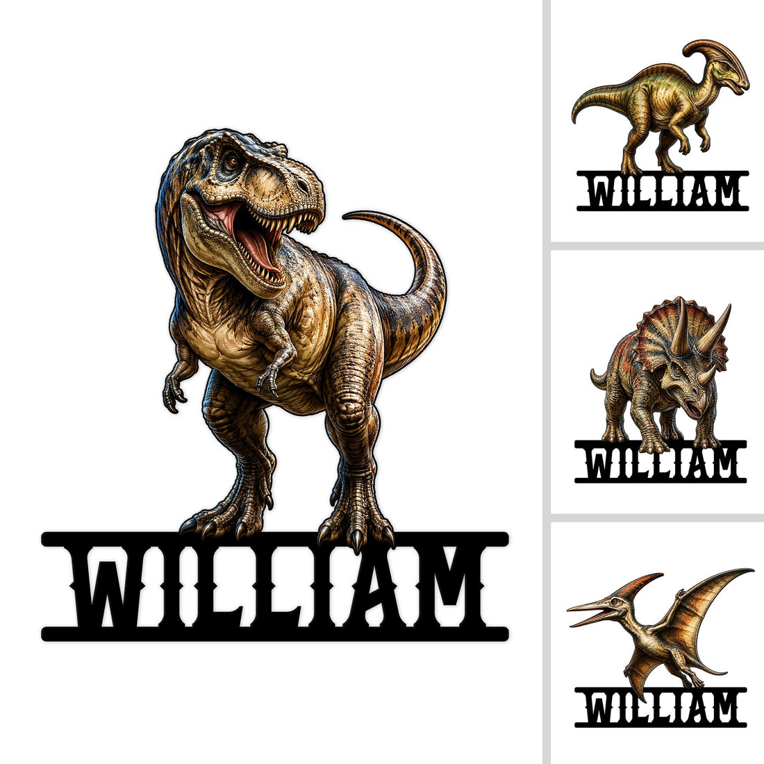 Custom dinosaur metal sign featuring a roaring tyrannosaurus design with additional dinosaur artwork options