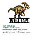 Parasaurolophus dinosaur metal sign shown in detail with cut-metal product presentation