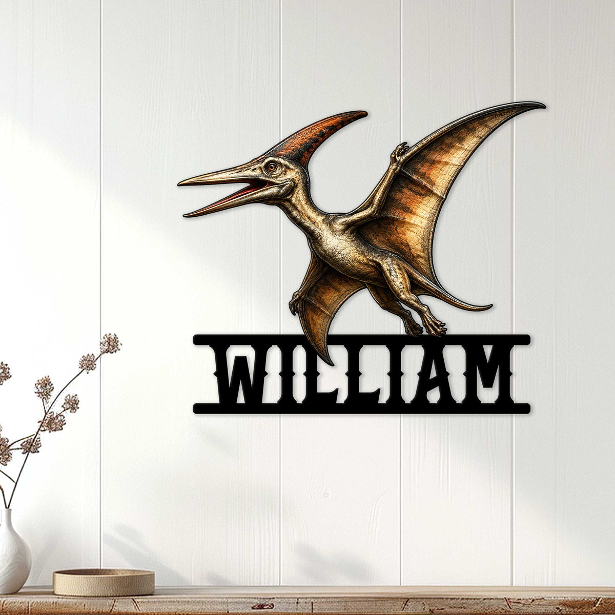 Pterosaur dinosaur wall sign displayed in a bright home interior above a console table