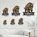 Dinosaur metal sign size guide showing multiple dimensions in a styled living room setting