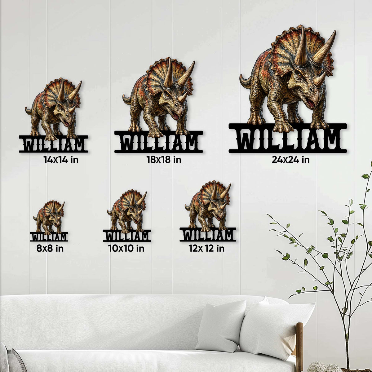 Dinosaur metal sign size guide showing multiple dimensions in a styled living room setting