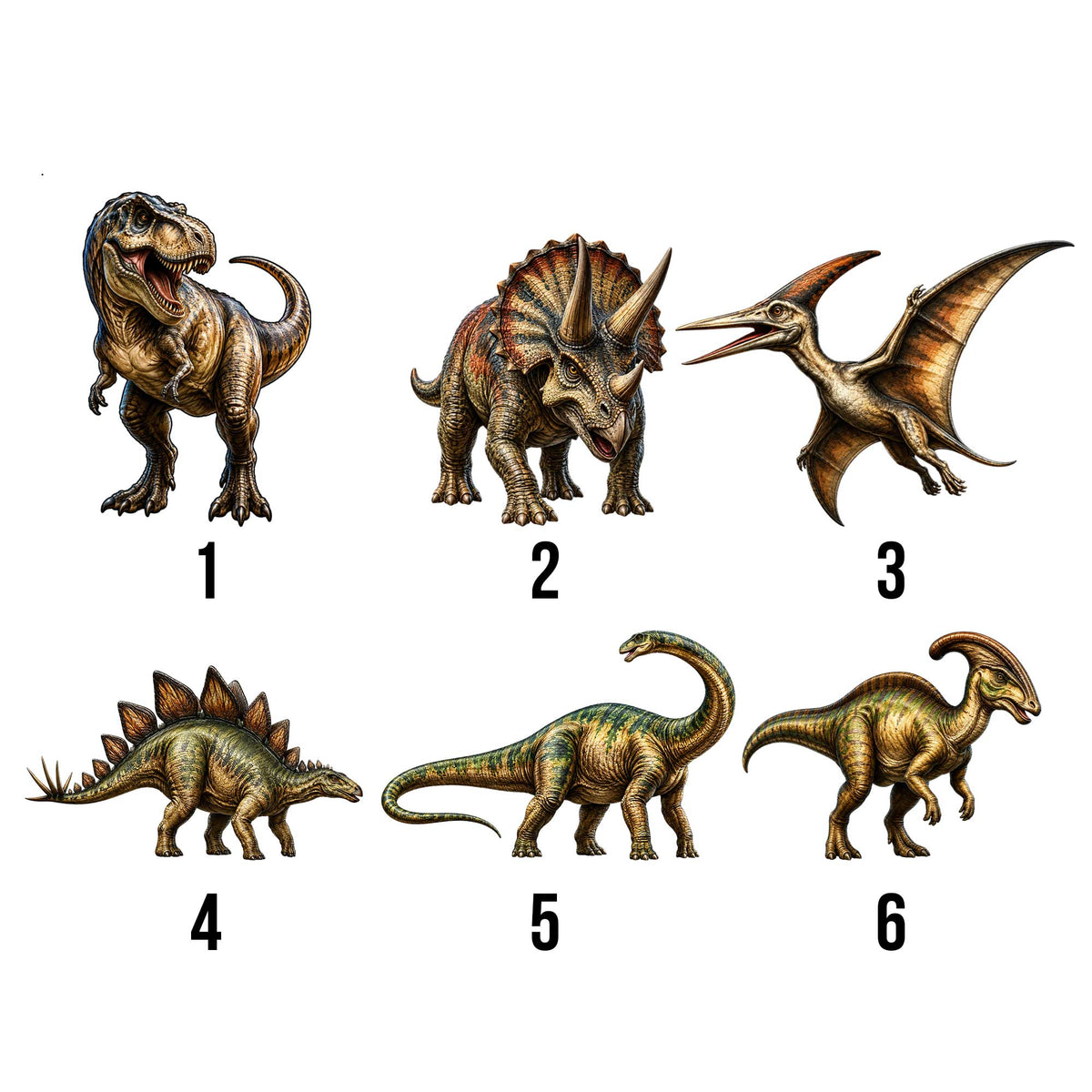 Dinosaur artwork style selection guide featuring six prehistoric animal vector options