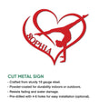 Red heart-shaped gymnastics silhouette metal sign shown with a cut metal sign feature infographic