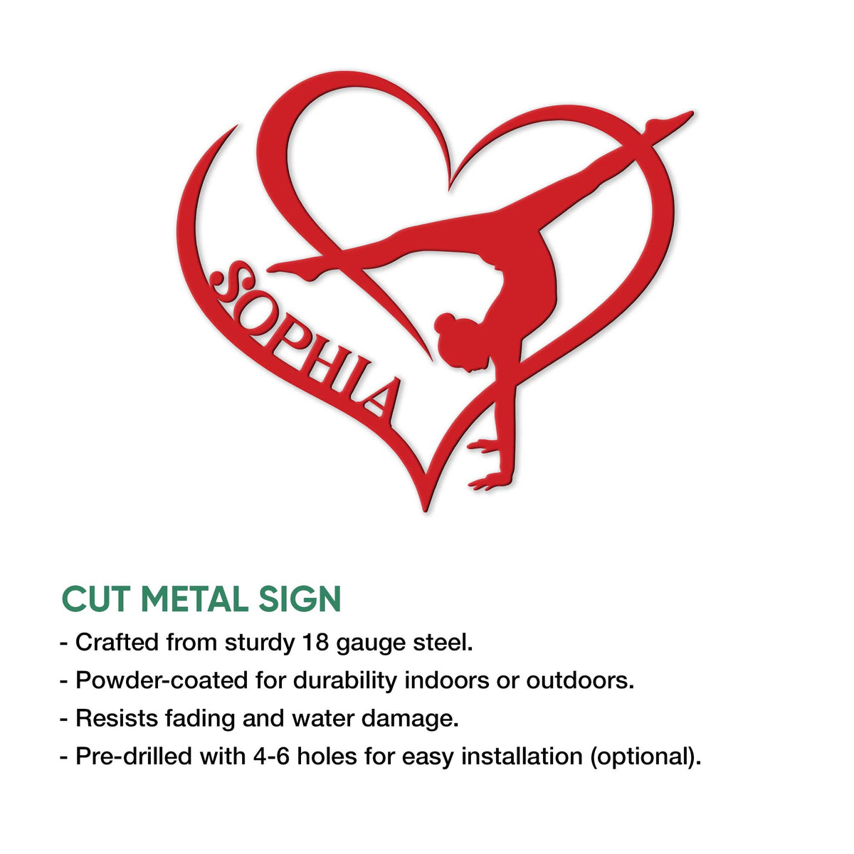 Red heart-shaped gymnastics silhouette metal sign shown with a cut metal sign feature infographic