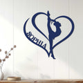 Navy gymnastics metal wall sign displayed on white paneled decor with a graceful athlete silhouette