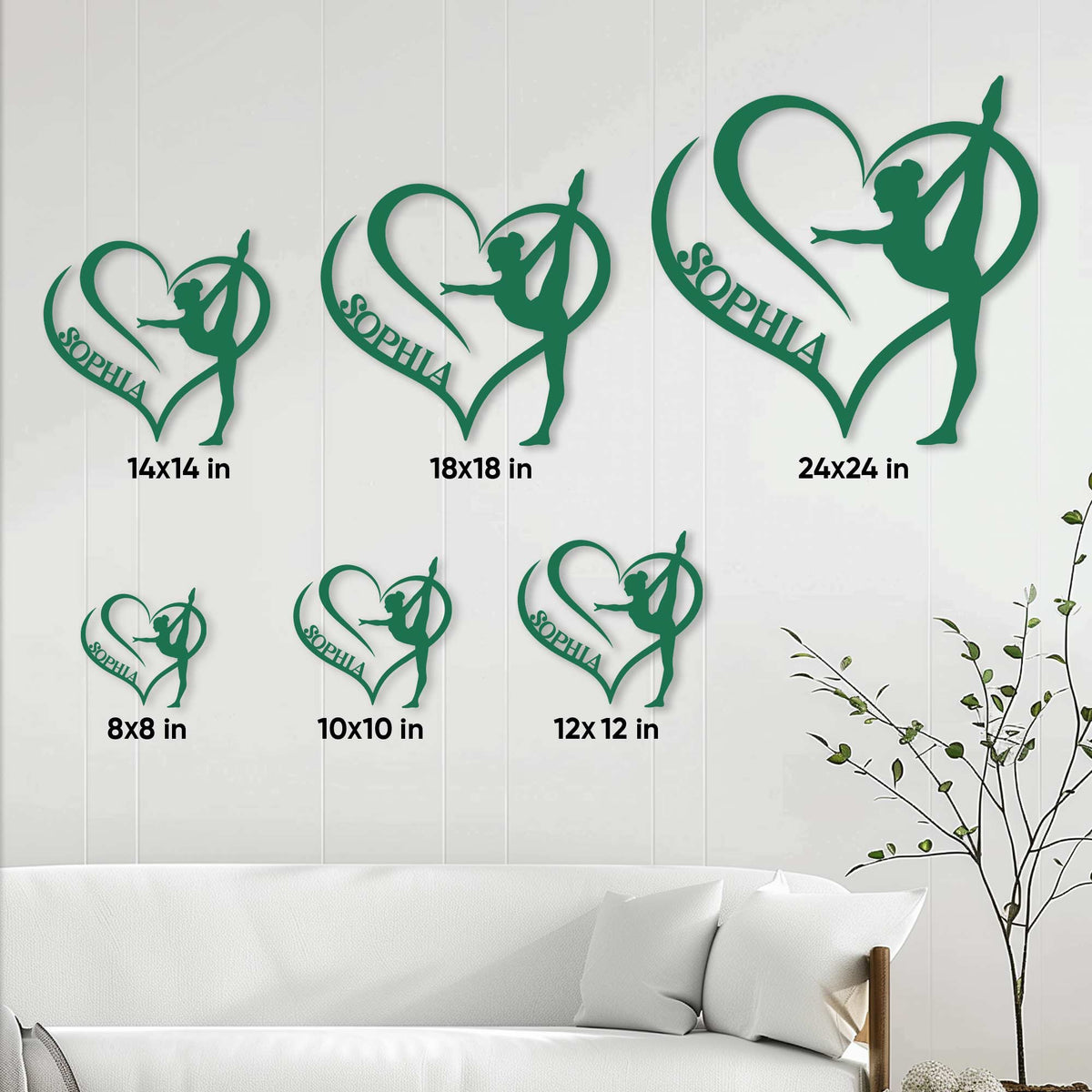 Green heart-shaped gymnast metal signs shown in multiple sizes above a living room sofa