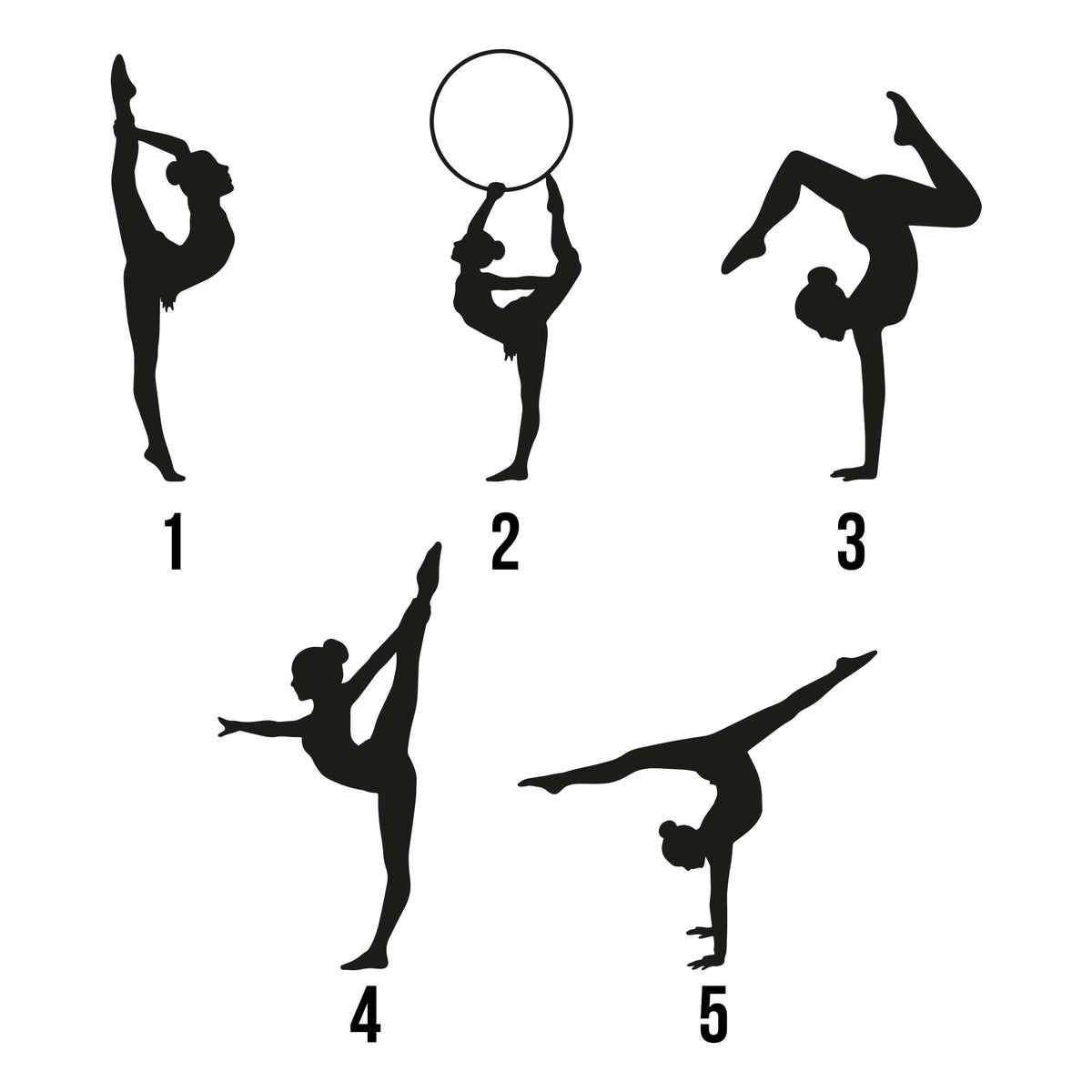 Style selection guide showing five alternative gymnast silhouette poses for the metal sign design