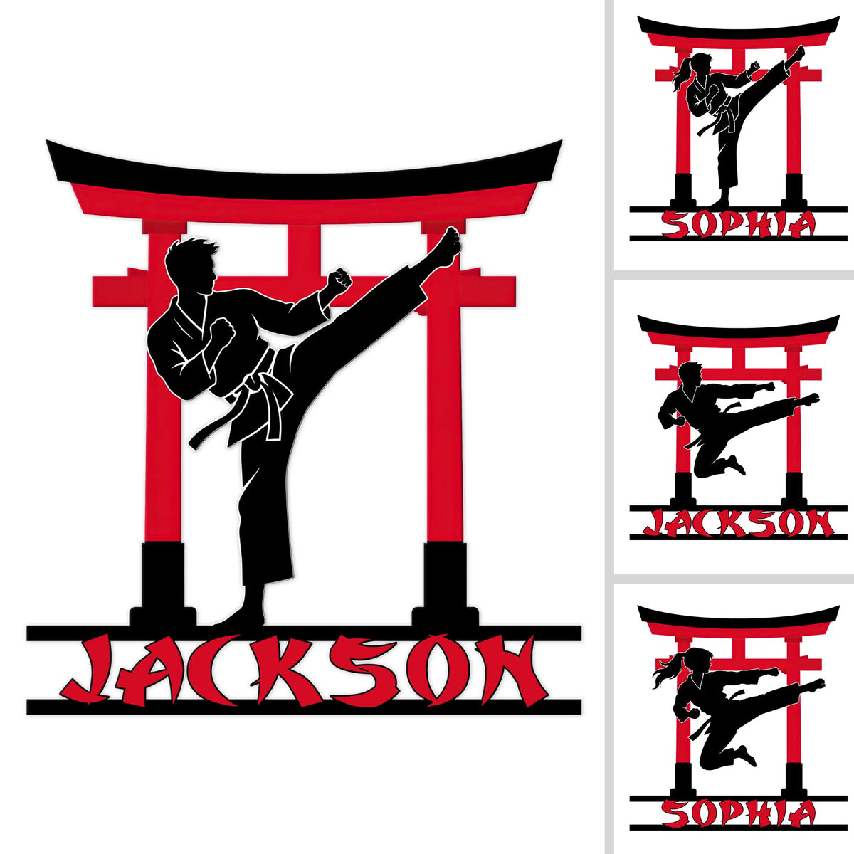 Karate wall sign design featuring a martial artist silhouette performing a powerful kick beneath a torii gate