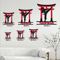 Karate metal sign size guide showing multiple square size options in a modern living room setting