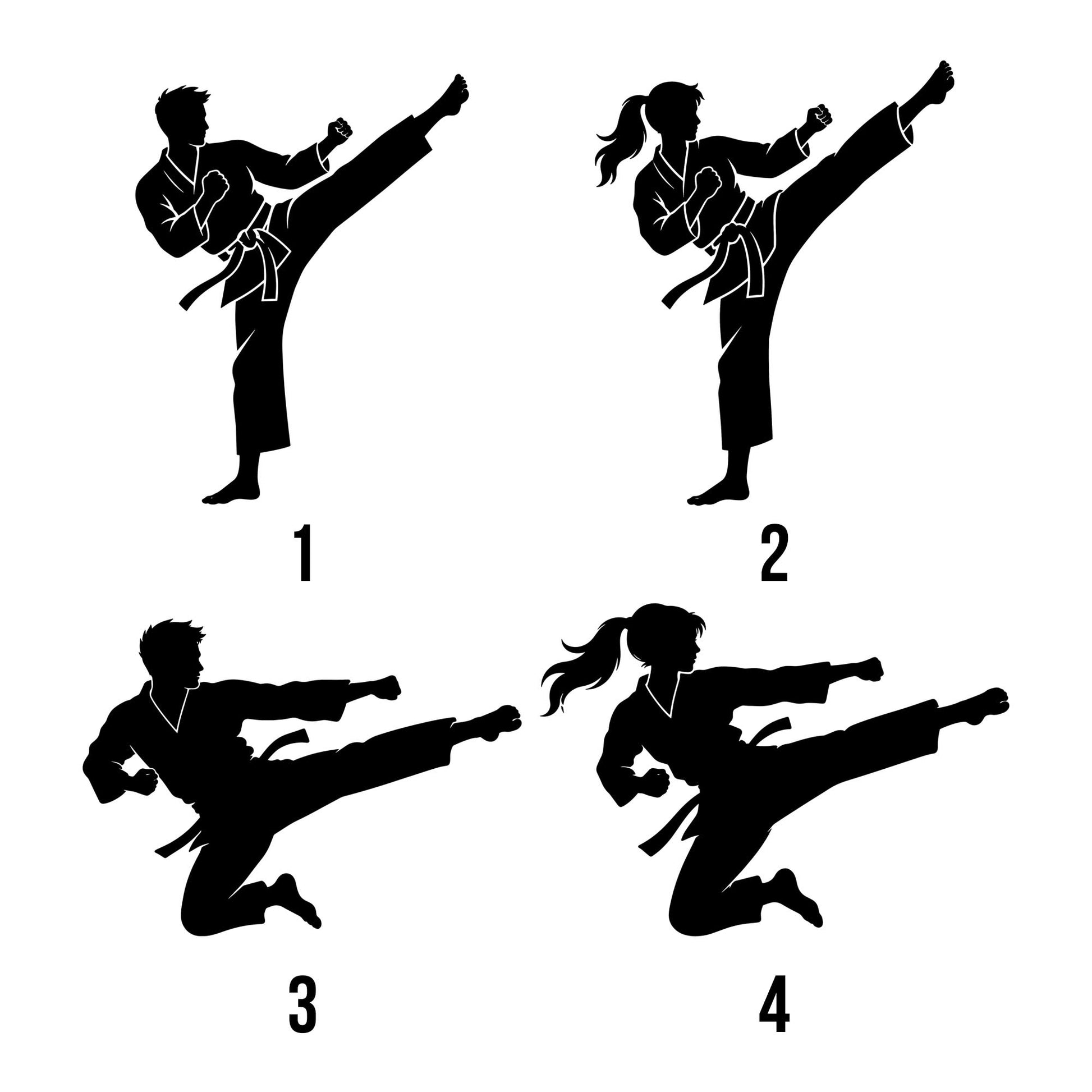 Karate vector style selection guide showing four alternative male and female martial artist silhouettes