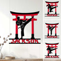 Custom karate metal sign displayed as wall decor with a martial artist silhouette beneath a red torii gate