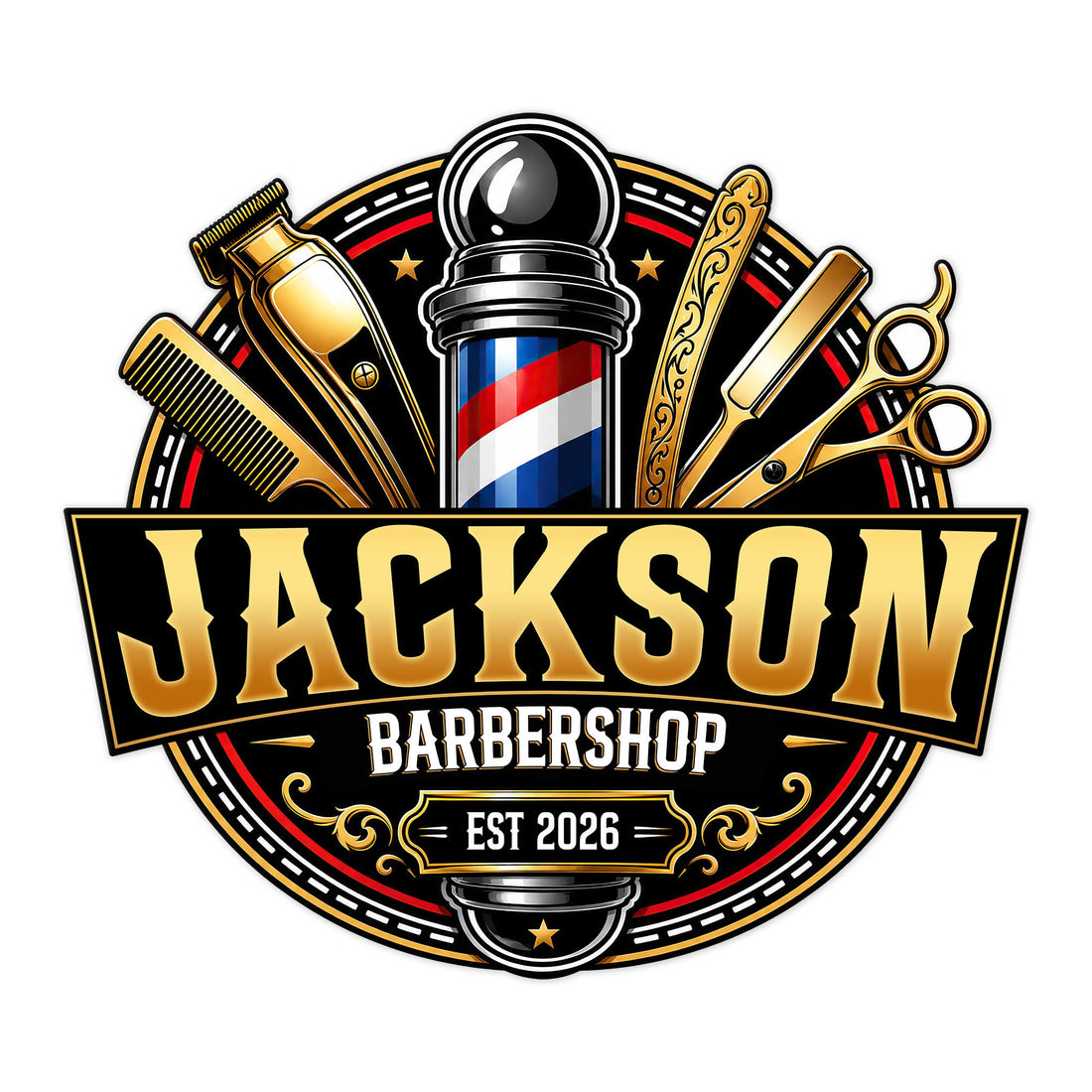 Custom barber metal sign featuring a barber pole, clippers, comb, razor, scissors, and bold barbershop styling