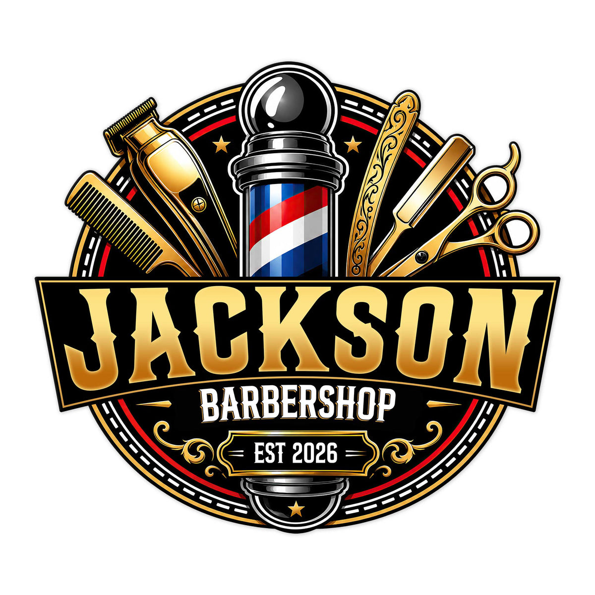 Custom barber metal sign featuring a barber pole, clippers, comb, razor, scissors, and bold barbershop styling